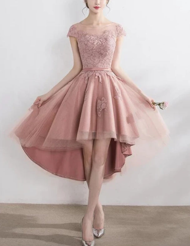Luolandi Pink Lace Tulle Cap Sleeves Bridesmaid Dress Lovely Dark Pink Party Dress Cocktail Dress